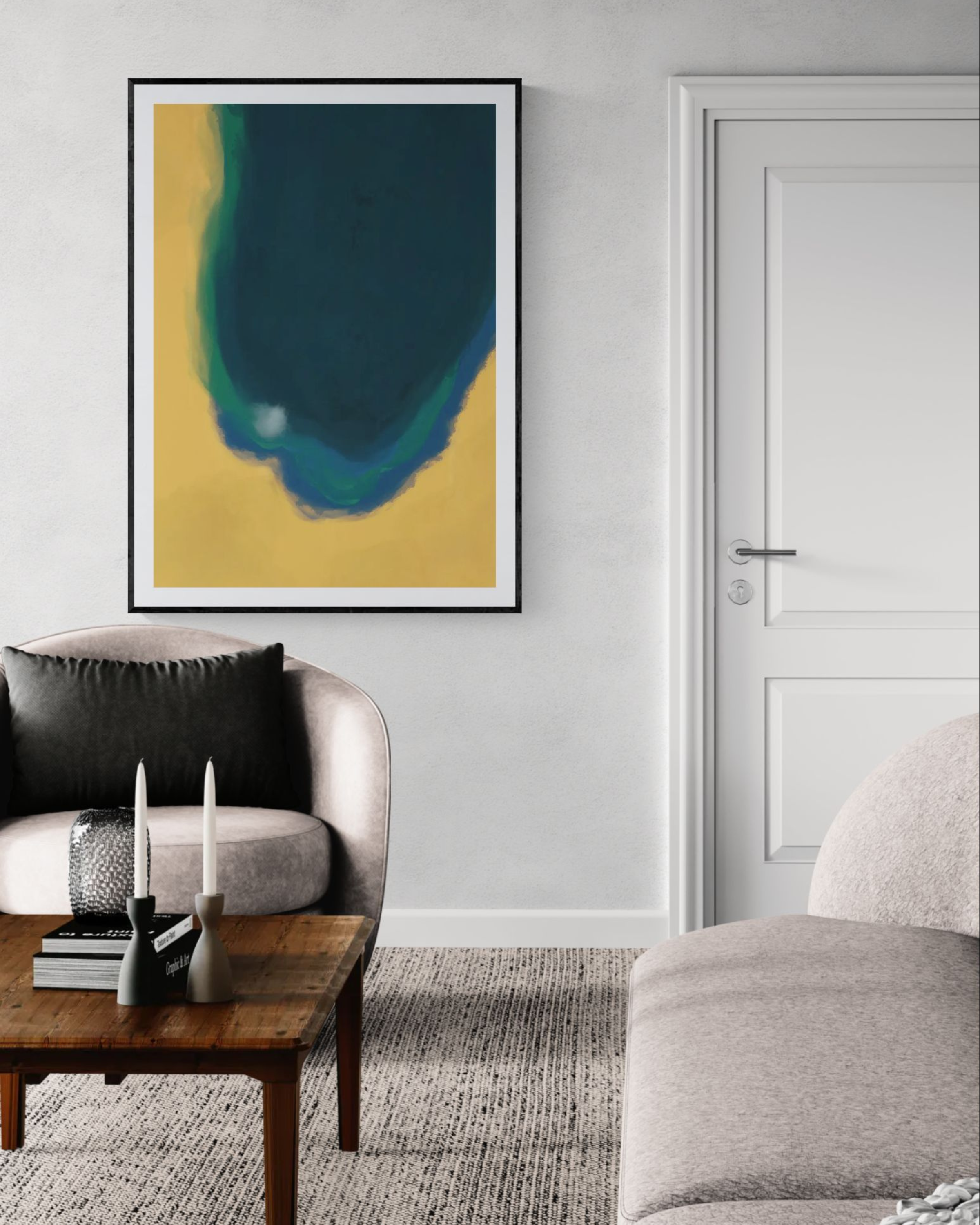 Silent Core — Ember | Framed Canvas | Contemporary Abstract Wall Art | Blue and Ochre Artwork | Premium Framed Canvas