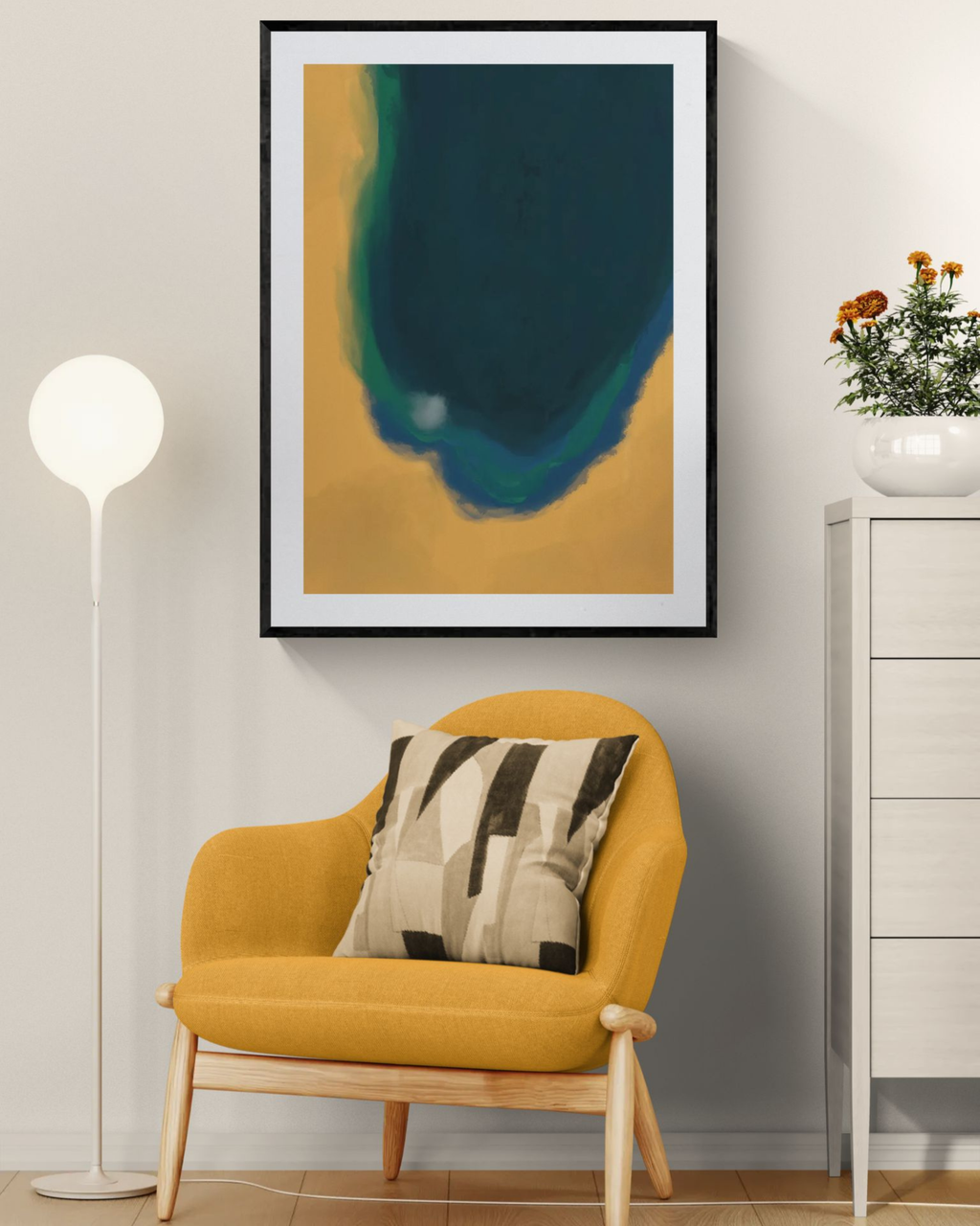 Silent Core — Ember | Framed Canvas | Contemporary Abstract Wall Art | Blue and Ochre Artwork | Premium Framed Canvas