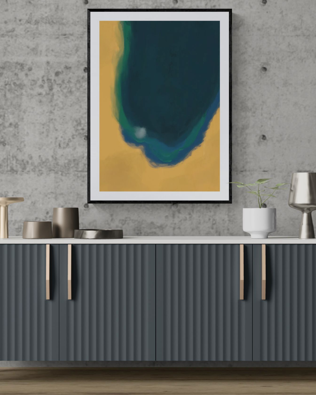 Silent Core — Ember | Framed Canvas | Contemporary Abstract Wall Art | Blue and Ochre Artwork | Premium Framed Canvas