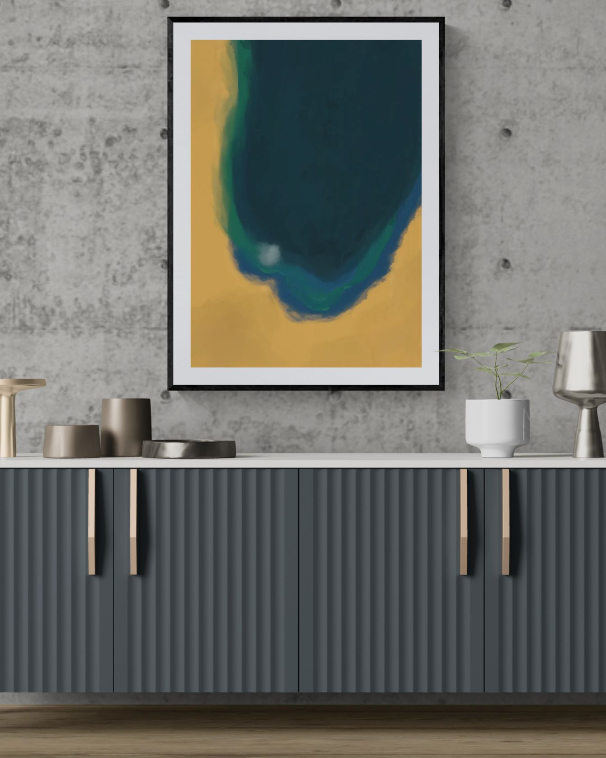 Silent Core — Ember | Framed Canvas | Contemporary Abstract Wall Art | Blue and Ochre Artwork | Premium Framed Canvas